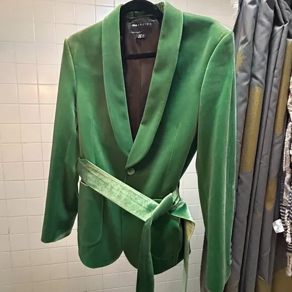ASOS DESIGN Green Velvet Belted Blazer Jacket (UK 36 / US 36 / EU 46) Size Large - Picture 1 of 3